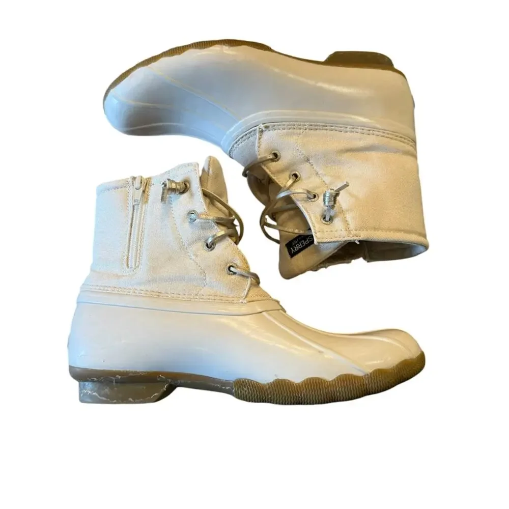 Sperry Saltwater Boot Women's Size 6 Cream Canvas Duck Boots with Side Zip